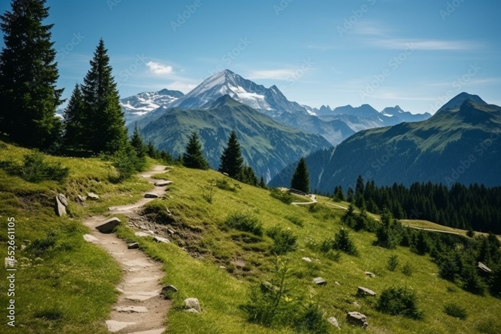 Scenic hiking trail near Murnauer Moos with breathtaking Alpine panorama. Generative AI
