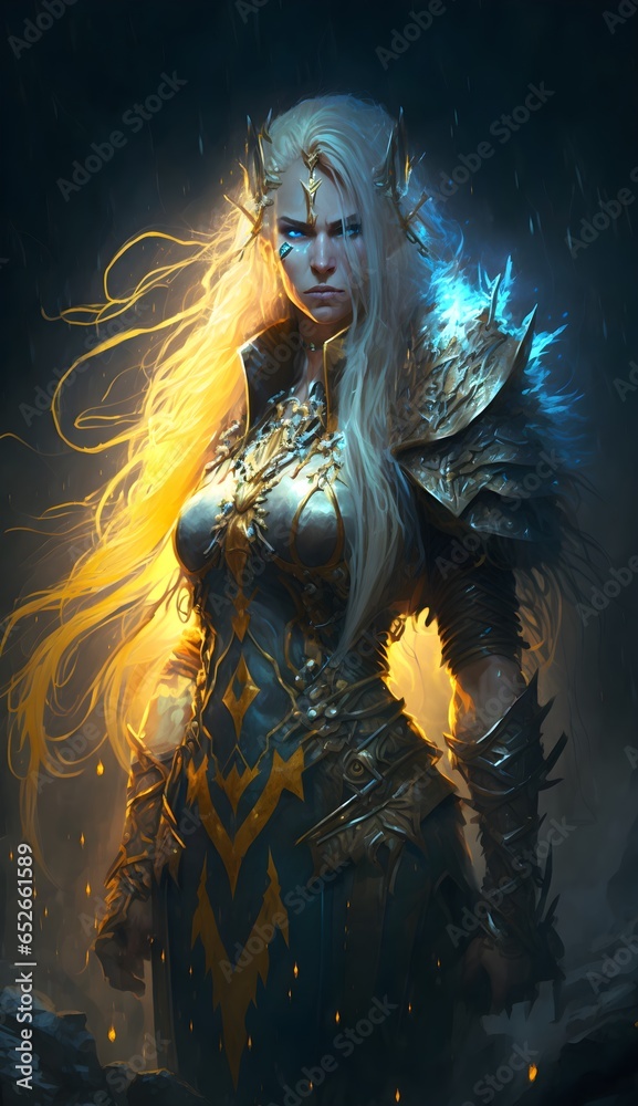Slavic pagan witch with sleveless armor and arms covered in glowing tribal tattoos She has long super saiyan spiky yellow hair and blue valkyrie style armor She uses two curved swords Snowy 