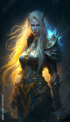 Slavic pagan witch with sleveless armor and arms covered in glowing tribal tattoos She has long super saiyan spiky yellow hair and blue valkyrie style armor She uses two curved swords Snowy 