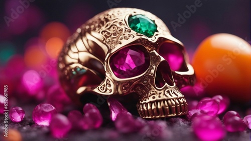 Enigmatic Aura: Luminous Gold Skull Ring with Exquisite Emerald Green Gems