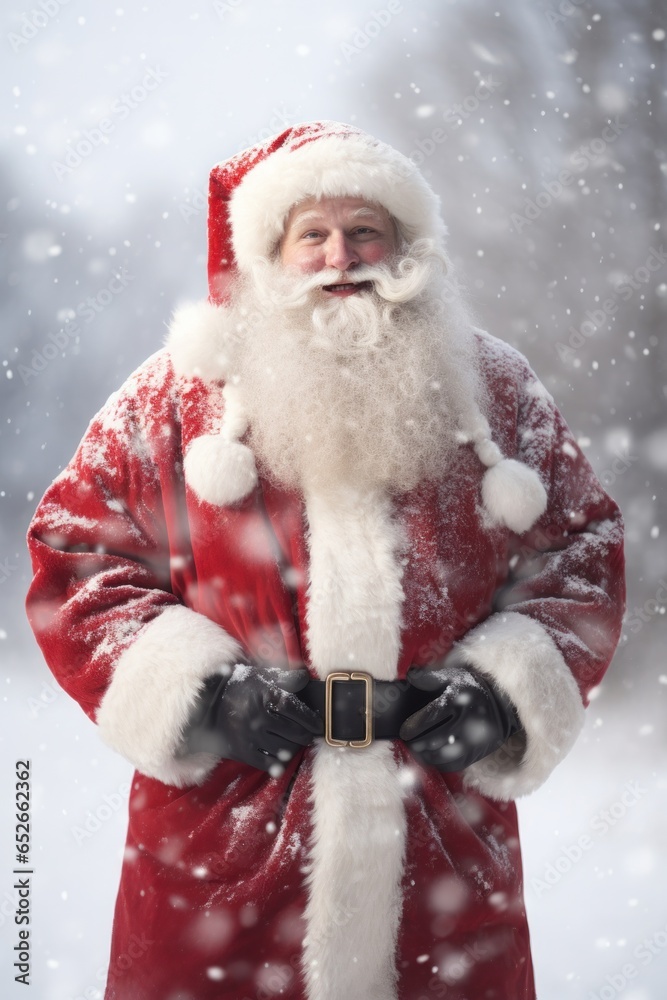 On a frosty winter's day, a cheerful man wearing a festive red and white garment and a hat stands outdoors amidst a blanket of snow, symbolizing the joy of the upcoming holidays and bringing a warm s On a frosty winter's day, a cheerful man wearing a festive red and white garment and a hat stands outdoors amidst a blanket of snow, symbolizing the joy of the upcoming holidays and bringing a warm s