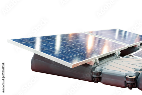 solar cell panels or photovoltaic module installation on device aluminum mounting and floating buoy in energy industrial isolated on white with clipping path photo
