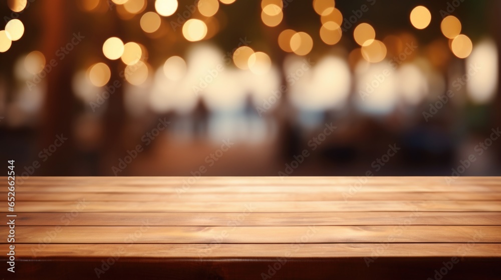 Wooden table and blur beach cafes background.