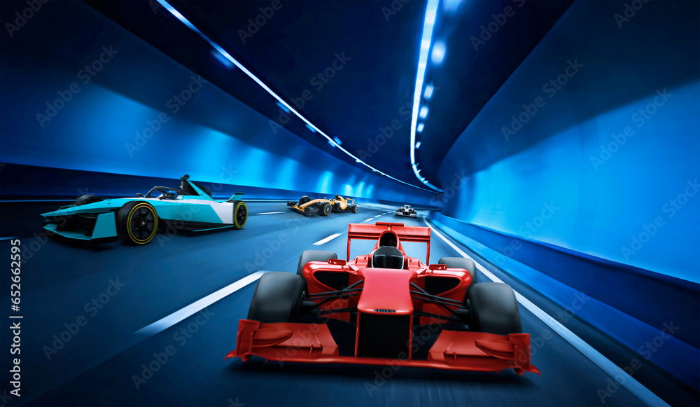 Fototapeta premium race car competition riding on tunnel. Car in fast motion. 3D Rendering.