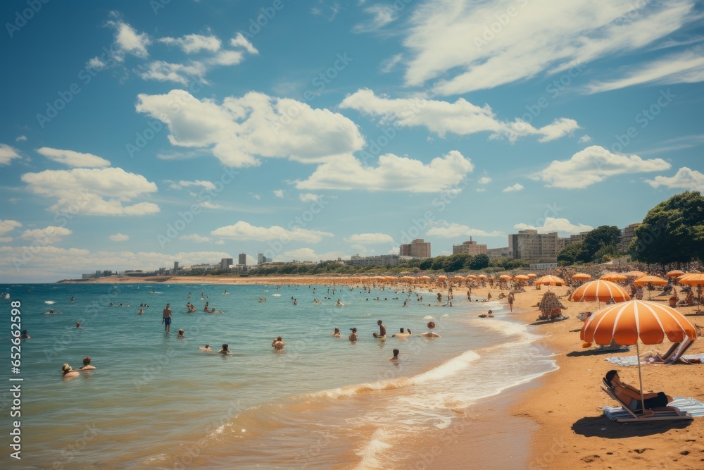 Crowded beach on a sunny summer day, Generative AI