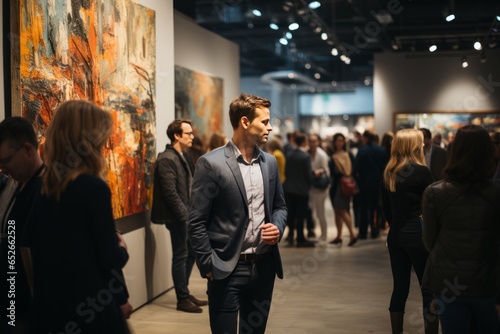 Crowd of art enthusiasts at an exhibition opening, Generative AI 