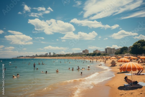 Crowded beach on a sunny summer day, Generative AI