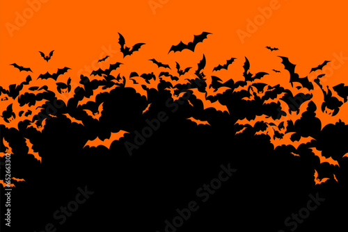 Halloween banner with black bats on the orange background. Illustration with text.
