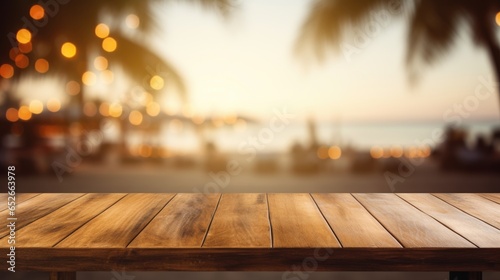 Wooden table and blur beach cafes background. © morepiixel