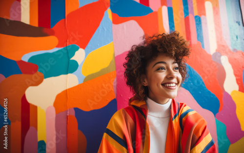 Happy young woman leaning against a colorful wall photo