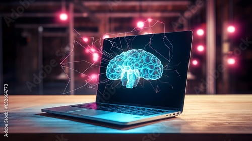 a brain hologram on modern laptop - futuristic technology concept © Ashi