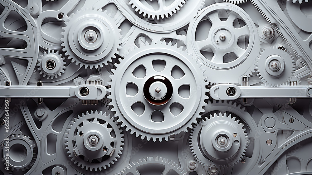 white gears, teamwork business abstract background texture a lot of gears complex mechanics mechanism work, light metal or plastic - obrazy, fototapety, plakaty 