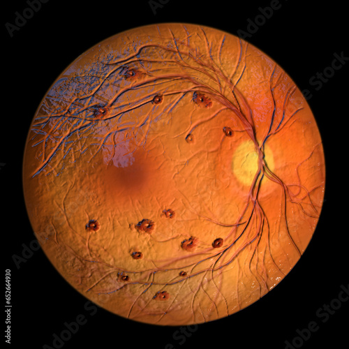 Roth spots in the retina, 3D illustration