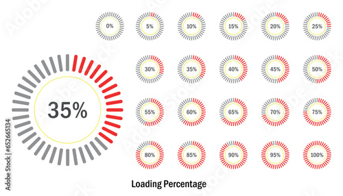 Vector Icon set of circle percentage diagram progress or loading circle symbols from 5 to 100.