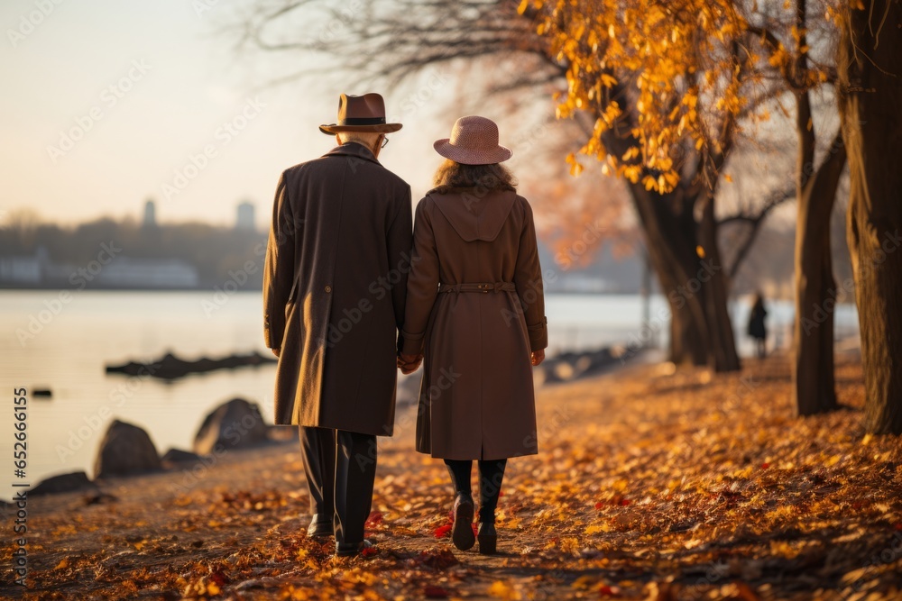 Obraz premium Elderly couple holding hands during a leisurely walk, Generative AI.
