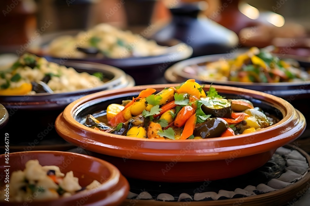 Moroccan Cuisine Mouthwatering closeups of Moroccan tagines and couscous, showcasing the