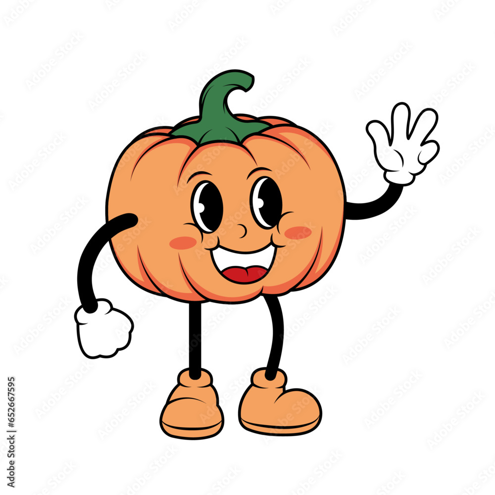 Happy groovy style pumpkin is smiling. A fun holiday character. Isolated vector illustration. Happy groovy style pumpkin is smiling. A fun holiday character. Isolated vector illustration.
