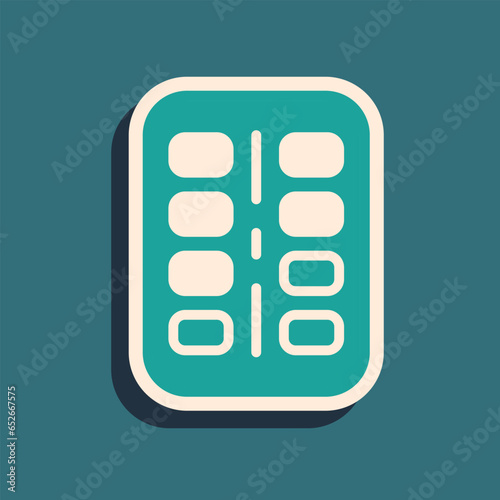 Green Nicotine gum in blister pack icon isolated on green background. Helps calm cravings and reduces anxiety caused by quitting smoking. Long shadow style. Vector