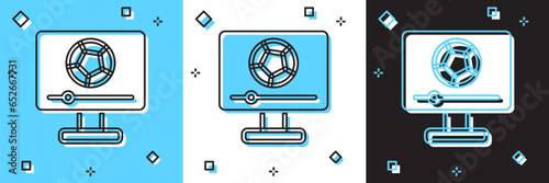 Set Football soccer match on TV icon isolated on blue and white, black background. Football online concept. Vector