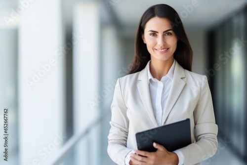 Woman accountant stands in profile and holds documents or tablet.