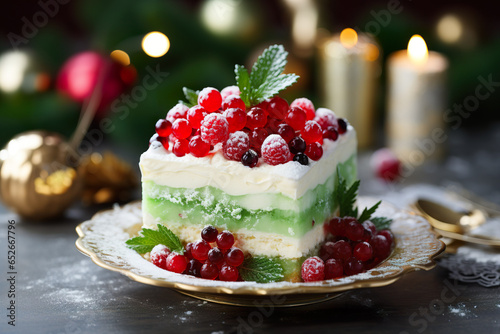 Christmas cake with berries on a dark background. 