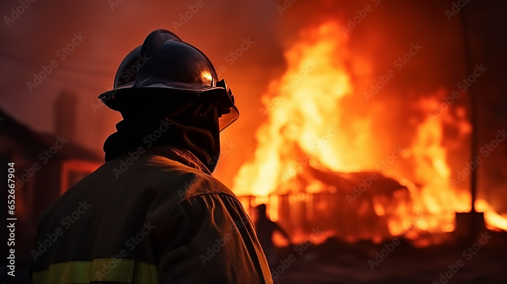 one firefighter, a man on fire, a view from the back, against the background of a burning fire in a fire, fiction, computer graphics one firefighter, a man on fire, a view from the back, against the background of a burning fire in a fire, fiction, computer graphics