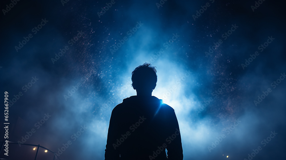 silhouette of a guy, a man view from the back against a background of blue fog and rays of light, a fictional character computer graphics silhouette of a guy, a man view from the back against a background of blue fog and rays of light, a fictional character computer graphics