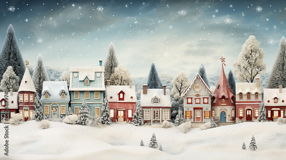 Fototapeta premium Christmas. new year card illustration winter landscape small houses in the snow, postcard winter view abstract small town or village