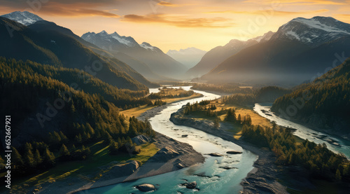 aerial view of the river and green grasses at sunset