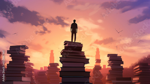 student on a mountain of textbooks, silhouette preparation for exams and tests, education concept. abstract computer illustration