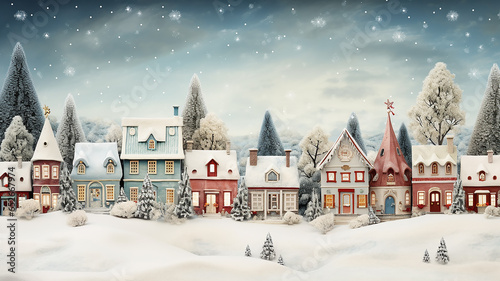 Christmas. new year card illustration winter landscape small houses in the snow, postcard winter view abstract small town or village © kichigin19