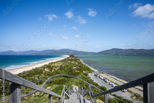 beautiful bruny island at the neck with pink clouds and the ocean below. in tasmania australia