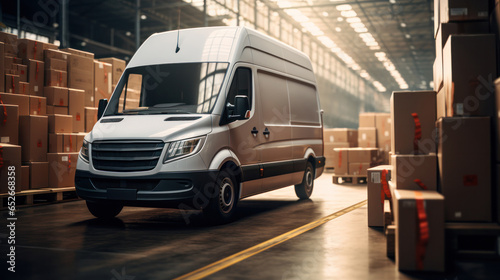 A van with boxes in a storage facility for online product delivery, Generative AI