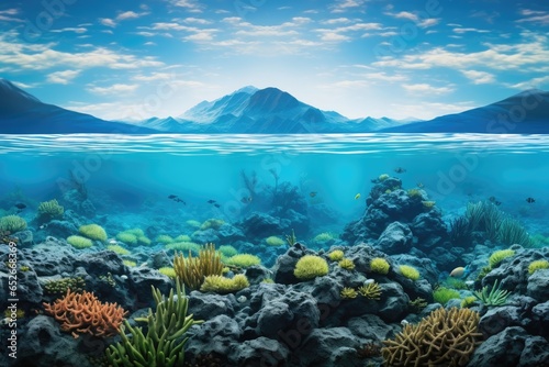 Underwater landscape with coral reef and fish. 3d render, Discover an information hub with a bustling notice board, exchanging and displaying important notes and announcements, AI Generated © Ifti Digital