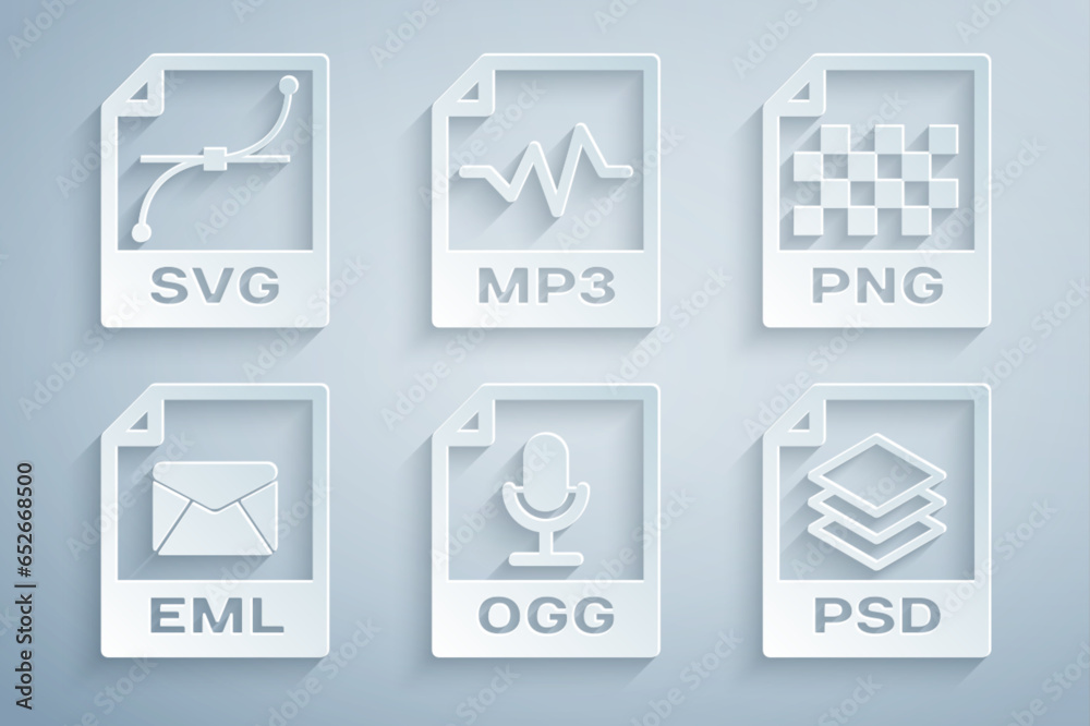 Set OGG file document, PNG, EML, PSD, MP3 and SVG icon. Vector