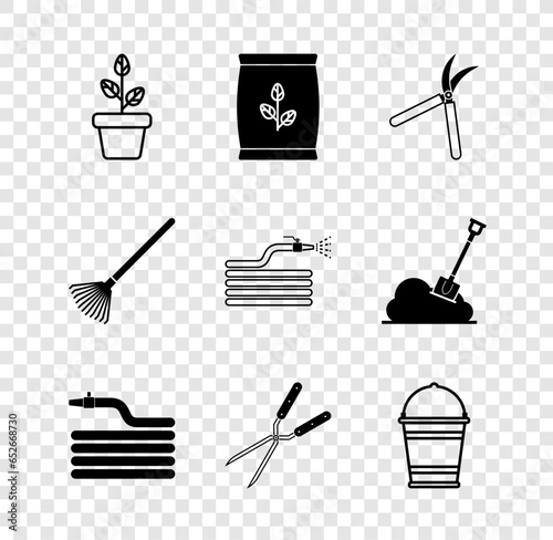 Set Flowers in pot, Fertilizer bag, Gardening handmade scissor, hose fire hose, Bucket, rake for leaves and icon. Vector