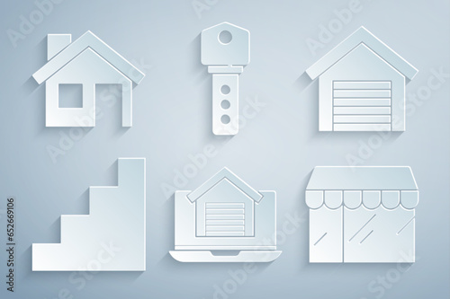 Set Online real estate house, Garage, Staircase, Market store, House key and icon. Vector