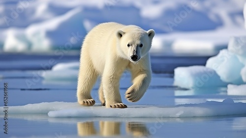 On frozen ice  polar bears frolic under blue sky