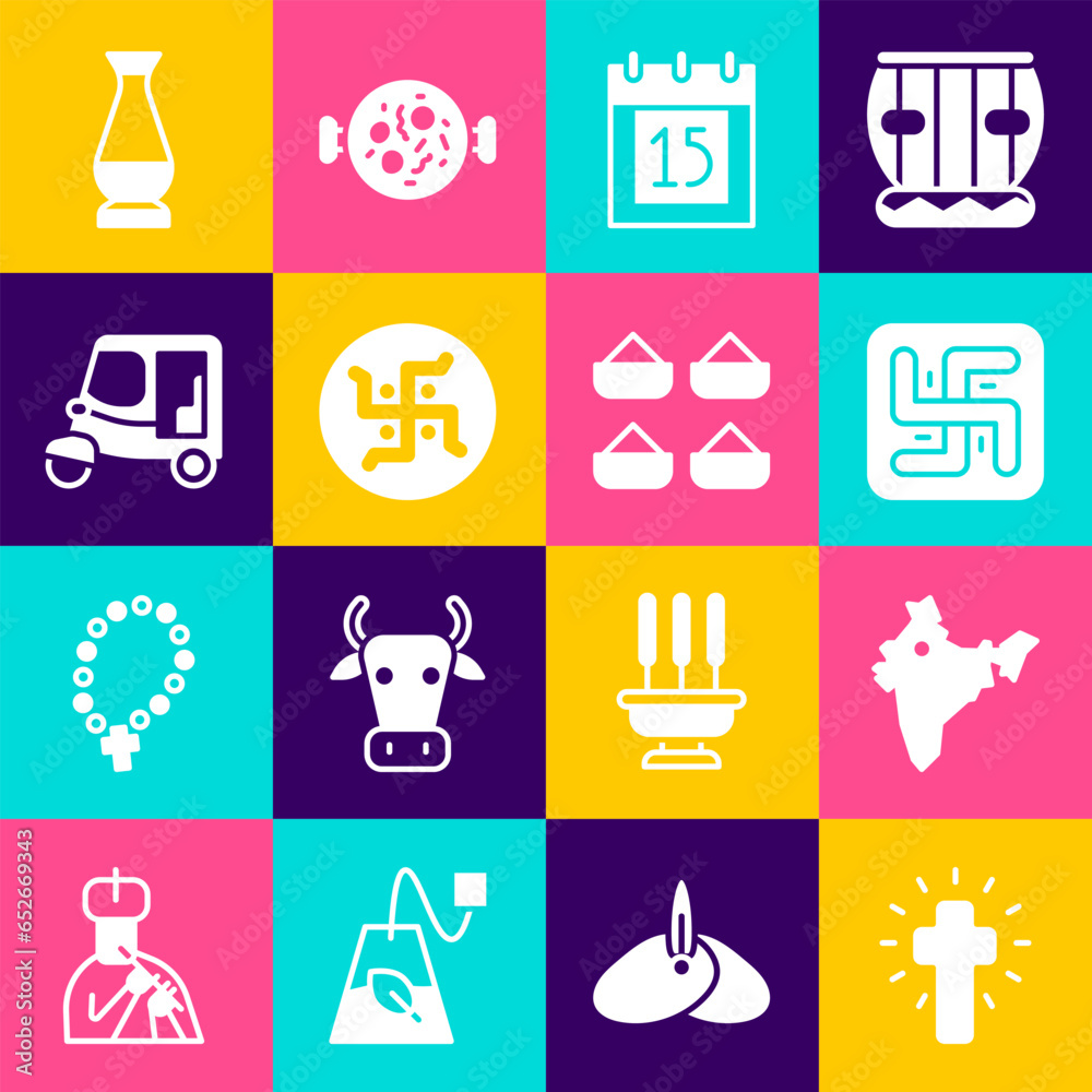 Set Christian cross, India map, Hindu swastika, Independence day, Taxi tuk tuk, Indian vase and spice icon. Vector Set Christian cross, India map, Hindu swastika, Independence day, Taxi tuk tuk, Indian vase and spice icon. Vector