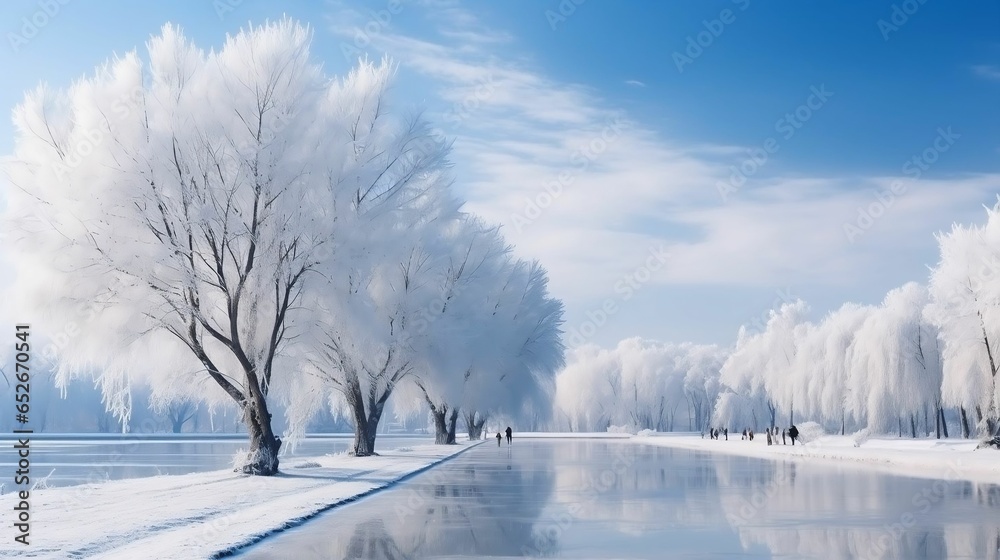 Skaters glide gently over frozen lake, creating beauty Skaters glide gently over frozen lake, creating beauty