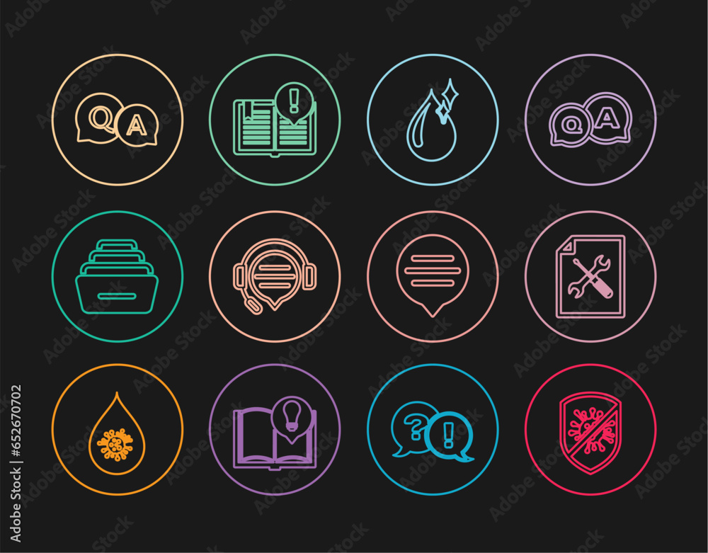 Set line Stop virus, bacteria, File document service, Clean water drop, Headphones with speech bubble chat, Drawer documents, Question and Answer, Speech and Interesting facts icon. Vector Set line Stop virus, bacteria, File document service, Clean water drop, Headphones with speech bubble chat, Drawer documents, Question and Answer, Speech and Interesting facts icon. Vector