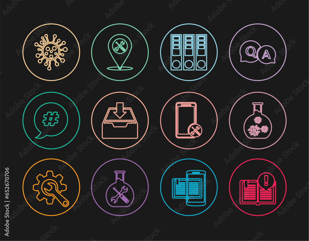 Set line Interesting facts, Test tube with virus, Office folders, Download inbox, Hashtag speech bubble, Bacteria, Mobile service and Location icon. Vector Set line Interesting facts, Test tube with virus, Office folders, Download inbox, Hashtag speech bubble, Bacteria, Mobile service and Location icon. Vector