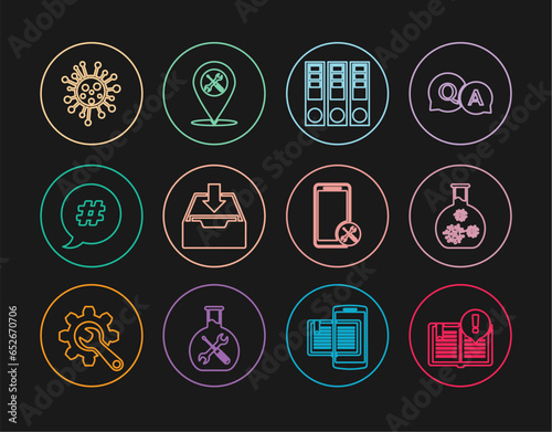 Set line Interesting facts, Test tube with virus, Office folders, Download inbox, Hashtag speech bubble, Bacteria, Mobile service and Location icon. Vector