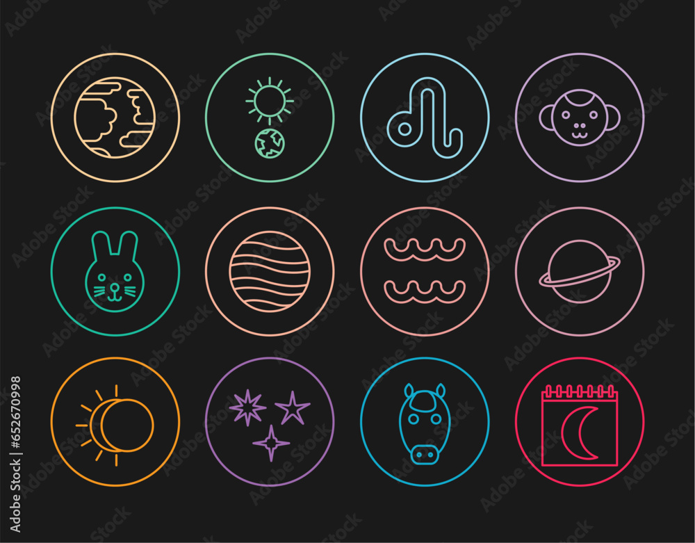 Set line Moon phases calendar, Planet Saturn, Leo zodiac, Jupiter, Rabbit, Mercury, Aquarius and Solstice icon. Vector