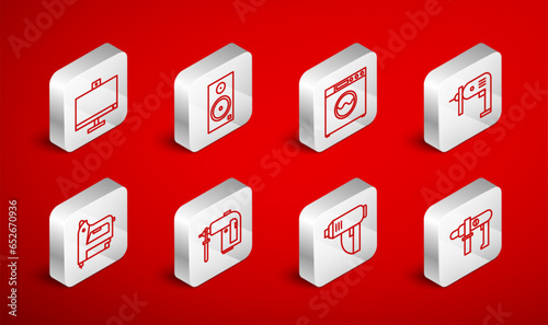 Set line Electric drill machine, Stereo speaker, Washer, industrial dryer, Computer monitor, Rotary hammer and construction stapler icon. Vector