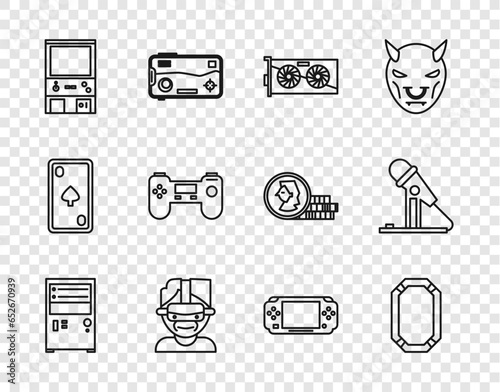Set line Computer, Poker table, Video graphic card, Virtual reality glasses, Retro arcade game machine, Gamepad, Portable video console and Microphone icon. Vector