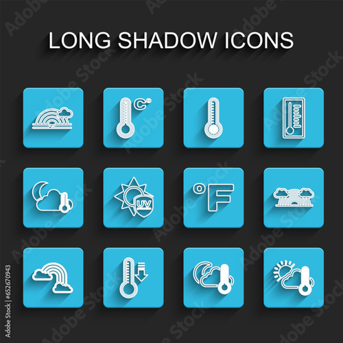 Set line Rainbow with clouds, Meteorology thermometer, Thermometer and cloud, moon, sun, UV protection, and Fahrenheit icon. Vector