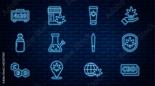 Set line Cannabis molecule, Shield and marijuana leaf, Medical cream with, Glass bong for smoking cannabis, Marijuana olive oil, Digital alarm clock, joint and bottle icon. Vector