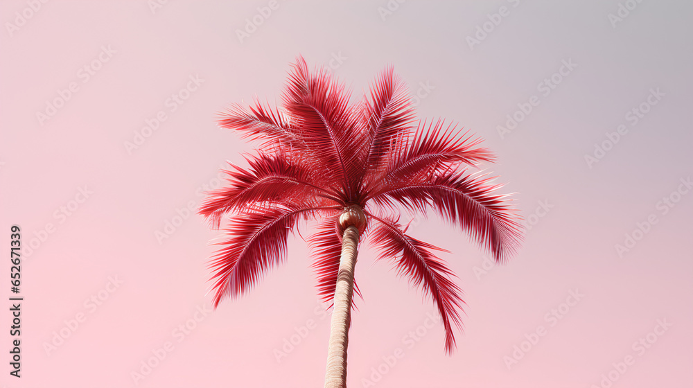 Palm tree with pink color in summer. Green leaves. Pink background.