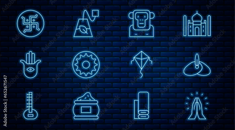 Set line Hands in praying position, Indian headgear turban, Monkey, Chakra, Hamsa hand, Hindu swastika, Kite and Tea bag icon. Vector Set line Hands in praying position, Indian headgear turban, Monkey, Chakra, Hamsa hand, Hindu swastika, Kite and Tea bag icon. Vector